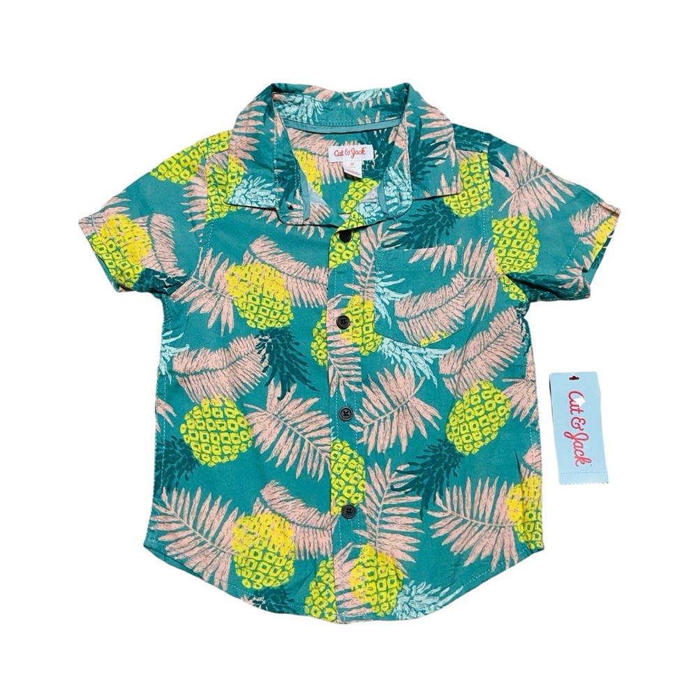 Cat & Jack Pineapple Print Button Down Shirt - Teal and Yellow